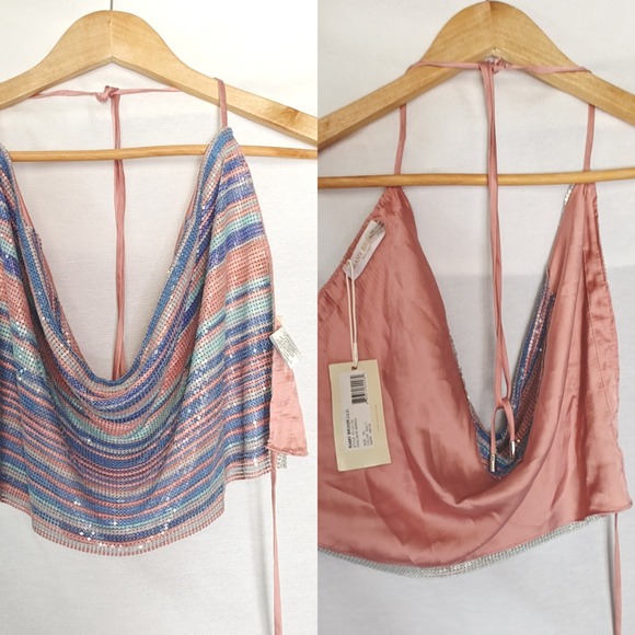 Ramy‎ Brook Rainbow Chainmail Marisa Exclusive Handkerchief Top Pink Blue XS New